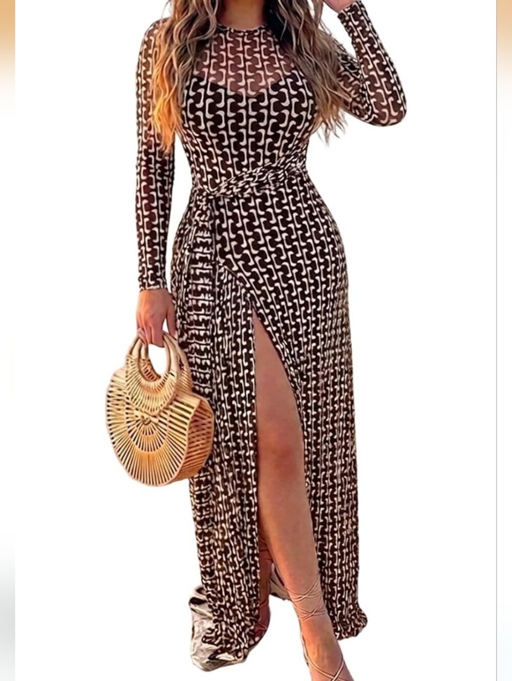 Long Sleeve Brown Patterned Maxi Dress with High Side Slit